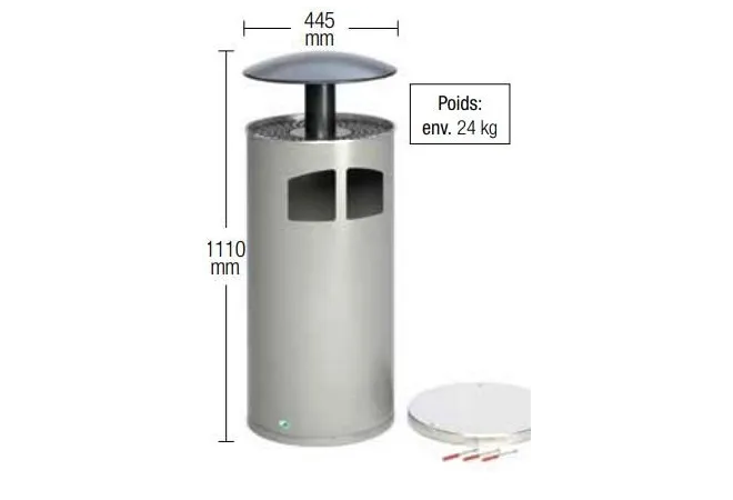 Cendrier avec poubelle cylindrique et son toit - Corps : argent et toit argent antique - dimensions - Leader Equipements