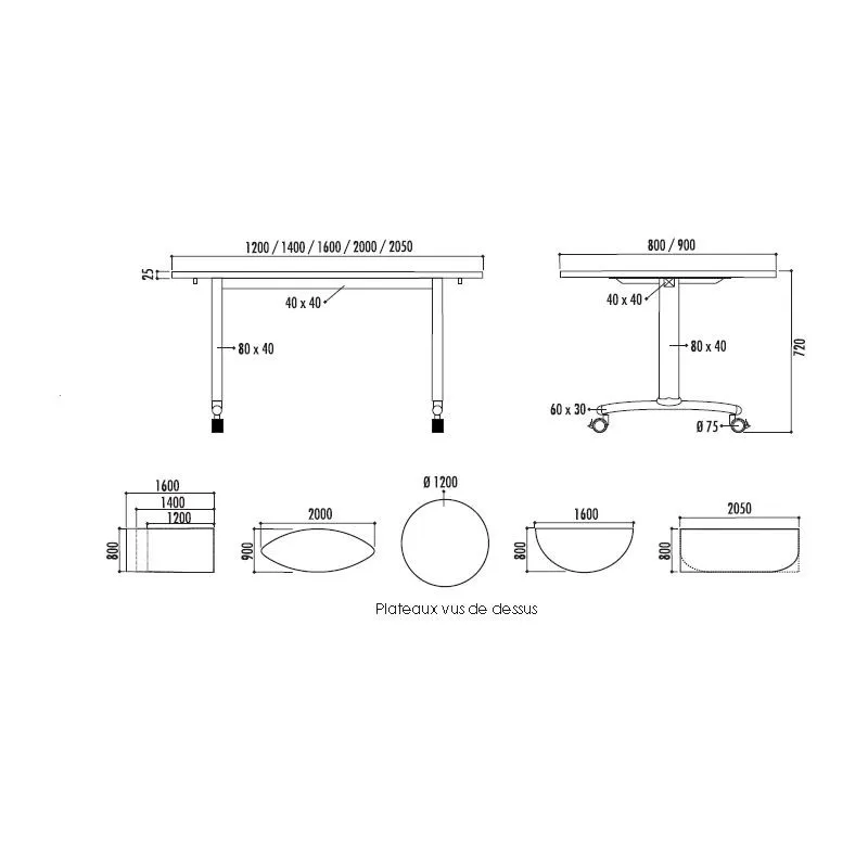 Table rectangulaire basculante pour collectivités