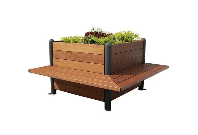 Jardinière cubique aux deux bancs d'angles intégrés en bois exotique et métal - Leader Equipements