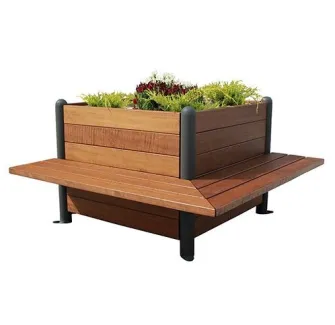 Jardinière cubique aux deux bancs d'angles intégrés en bois exotique et métal - Leader Equipements