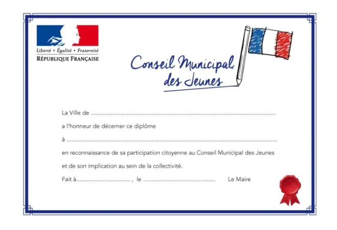 Visuel du diplôme d'honneur pour Jeune élu municipal CMJE - Leader Equipements