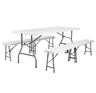 Lot de 10 tables pliantes + 20 bancs pliants en polypro