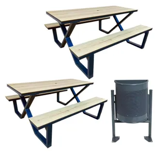 Lot de 2 tables extérieures acier et HPL + 1 corbeille demi-ronde OFFERTE