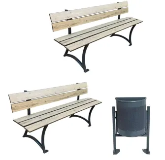 Lot de 2 bancs de jardin HPL + 1 poubelle demi-ronde acier