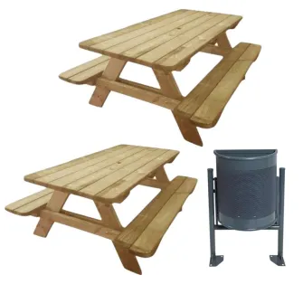 Lot de 2 tables pique-nique en bois + 1 poubelle acier offerte